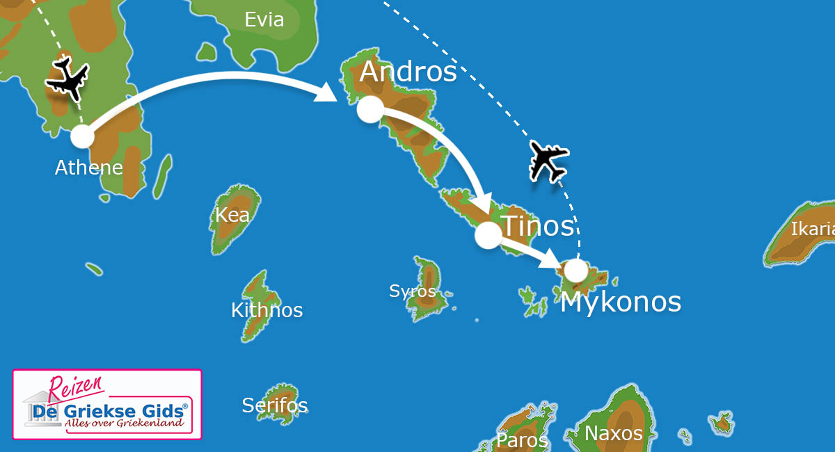 Kaart Eilandhoppen Andros Tinos Mykonos