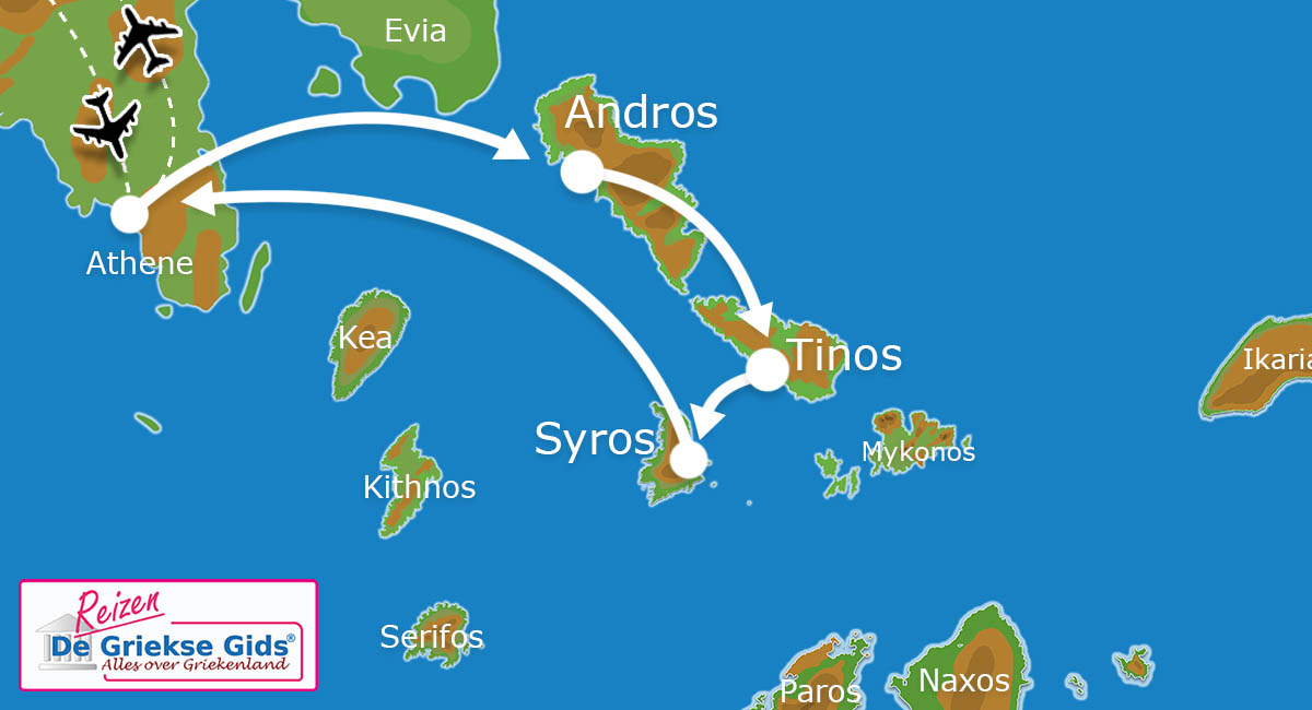 Kaart Eilandhoppen Andros Tinos Syros