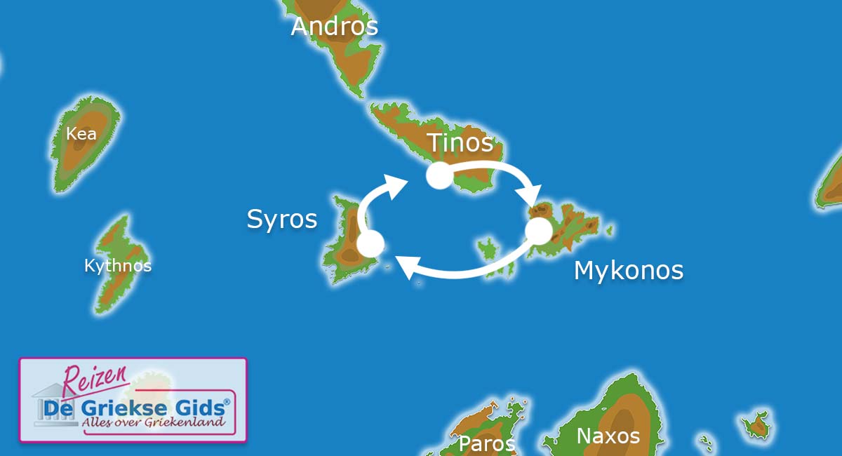 Kaart Eilandhoppen Syros Tinos Mykonos