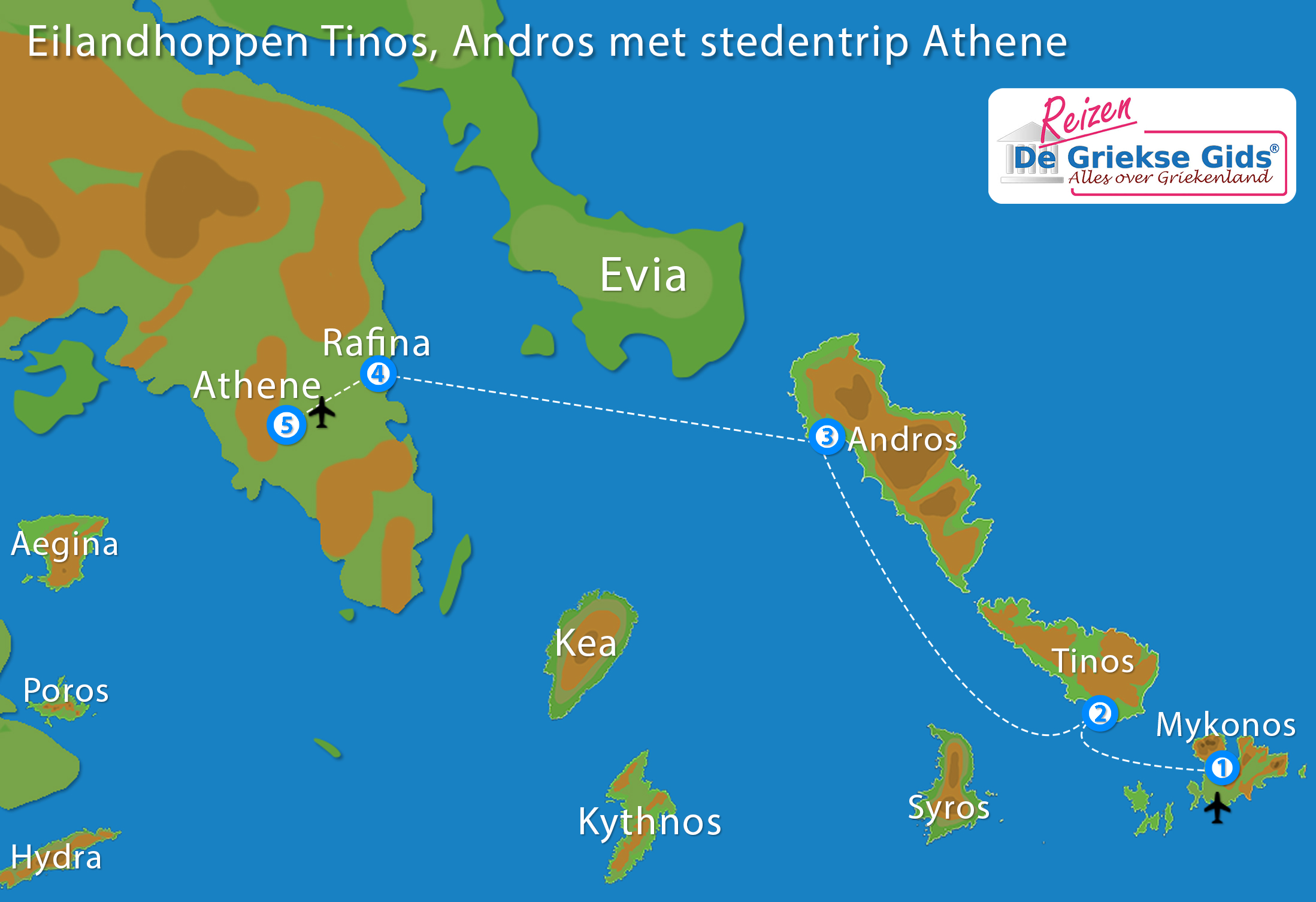 Kaart Eilandhoppen Tinos Andros met stedentrip Athene