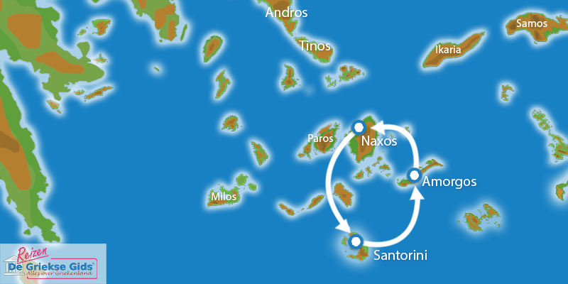 Waar ligt Eilandhoppen Amorgos Naxos Santorini?