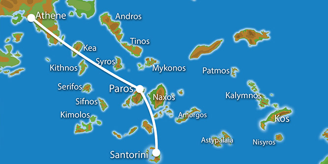 Kaart Eilandhoppen Athene Paros Santorini