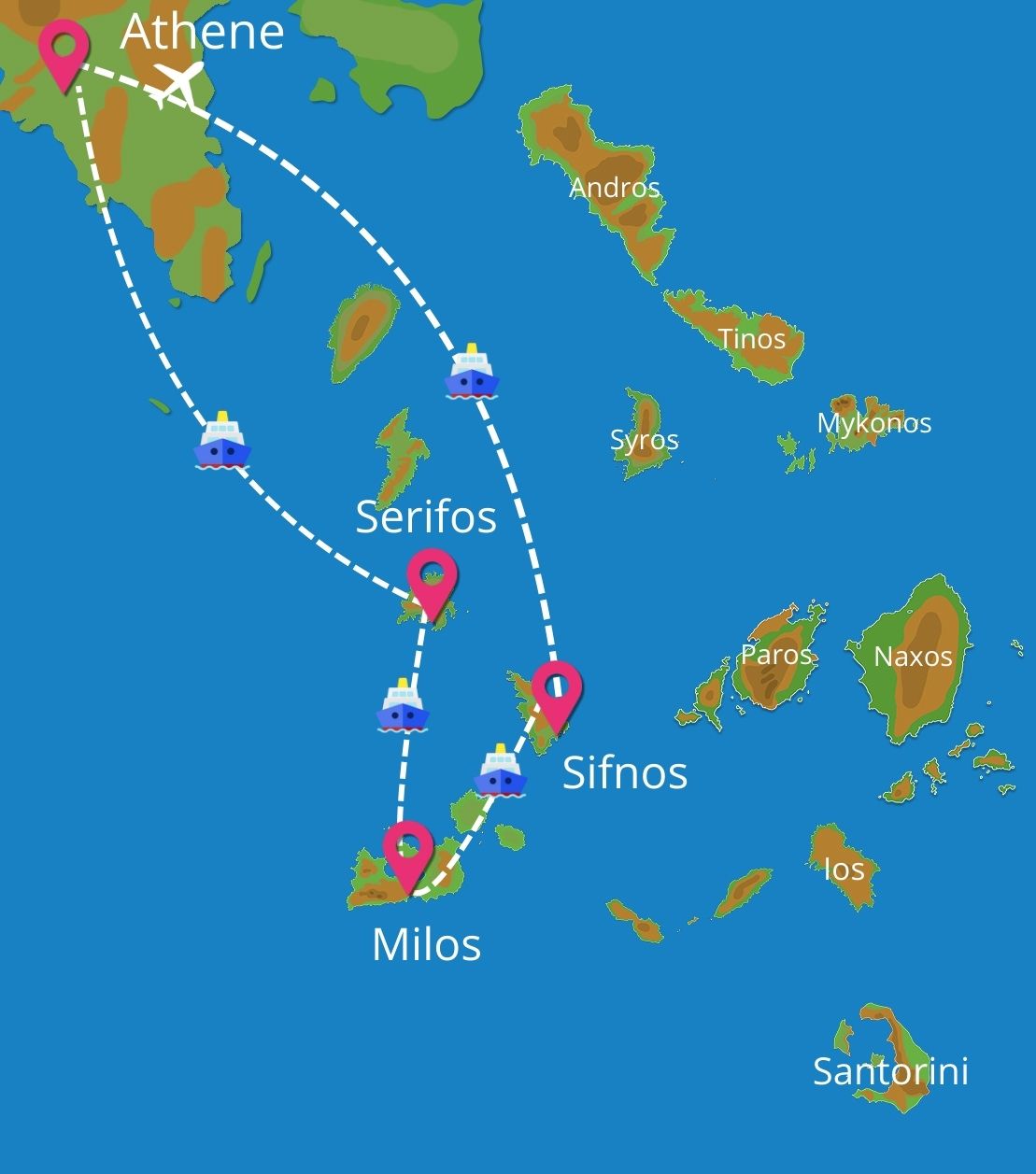 Kaart Eilandhoppen Athene - Serifos - Milos - Sifnos