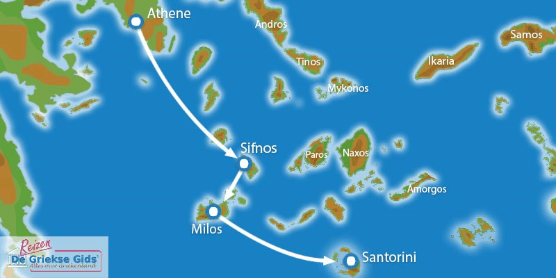 Kaart Eilandhoppen Athene Sifnos Milos Santorini