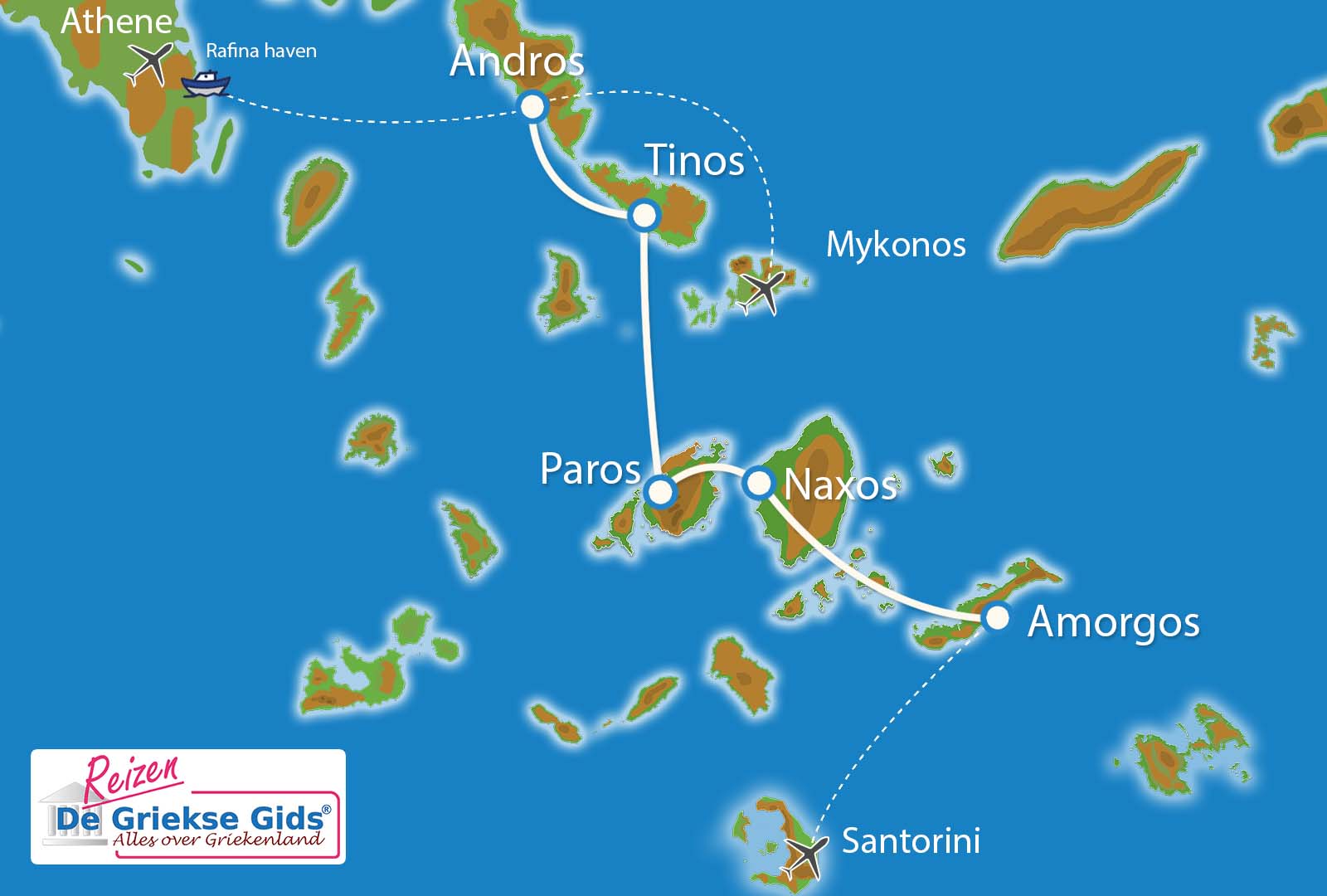Kaart Eilandhoppen Andros Tinos Paros Naxos Amorgos