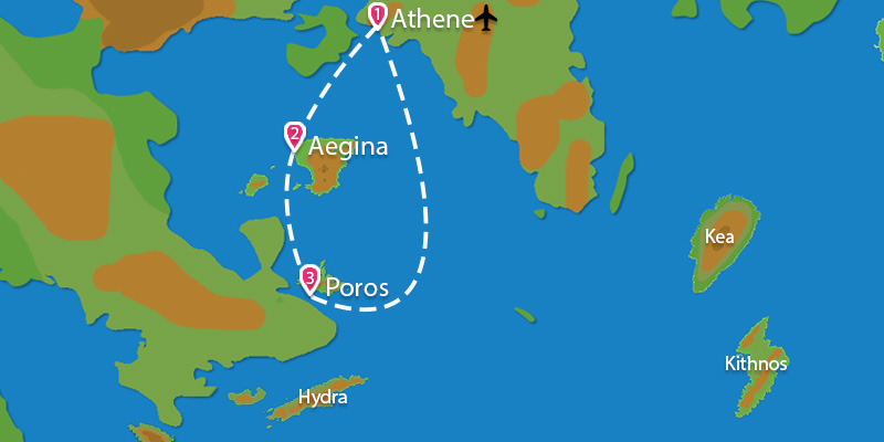 Kaart Eilandhoppen Athene Aegina Poros