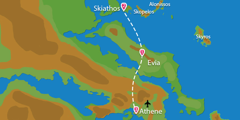 Kaart Eilandhoppen Athene Evia Skiathos