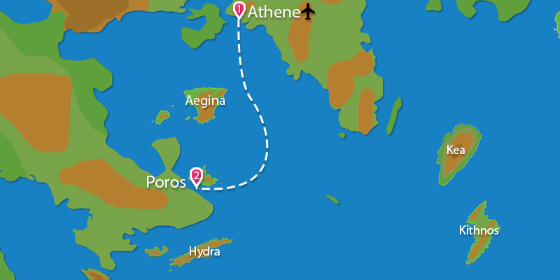Kaart Eilandhoppen Poros met stedentrip Athene 