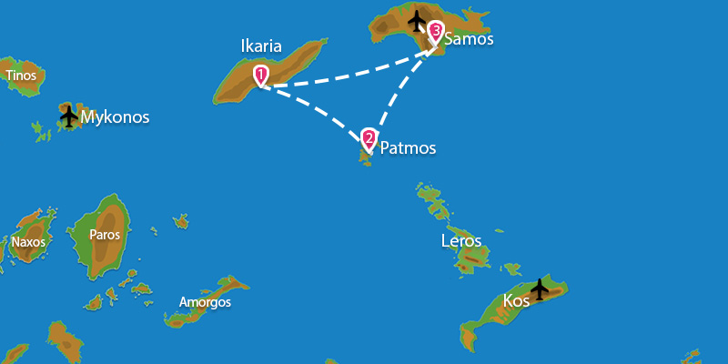 Kaart Eilandhoppen Ikaria Patmos Samos
