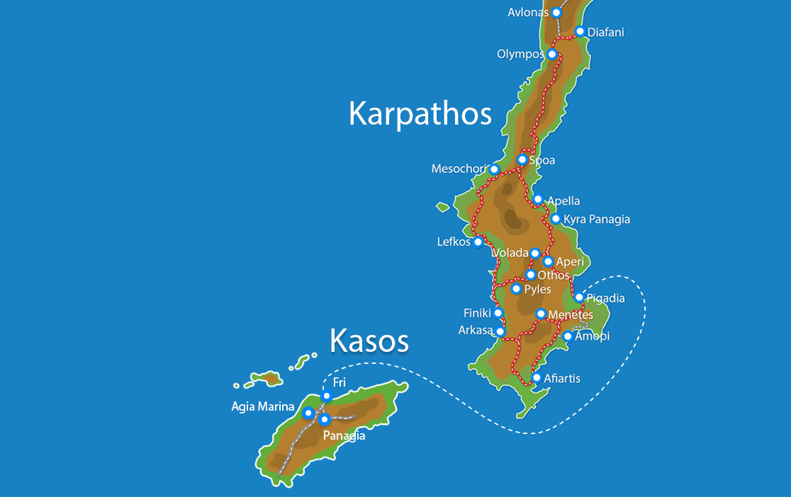 Kaart Eilandhoppen Karpathos Kasos