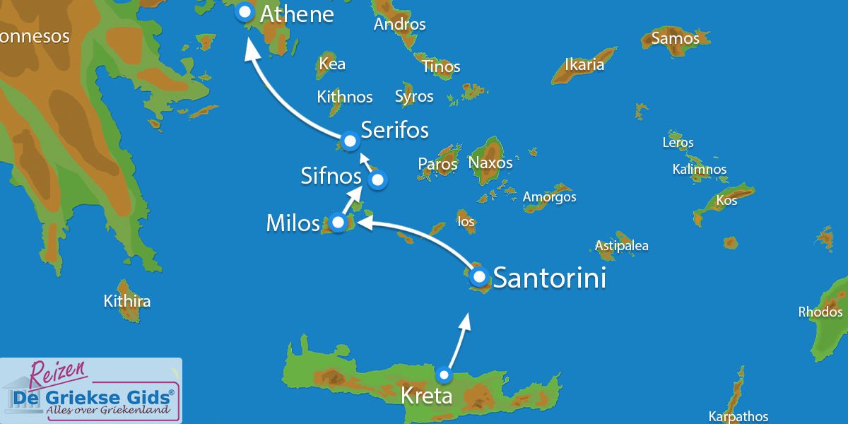 Kaart Eilandhoppen Kreta Santorini Milos Athene
