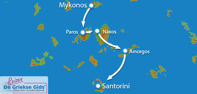 Kaart Eilandhoppen Mykonos Paros Naxos Amorgos Santorini