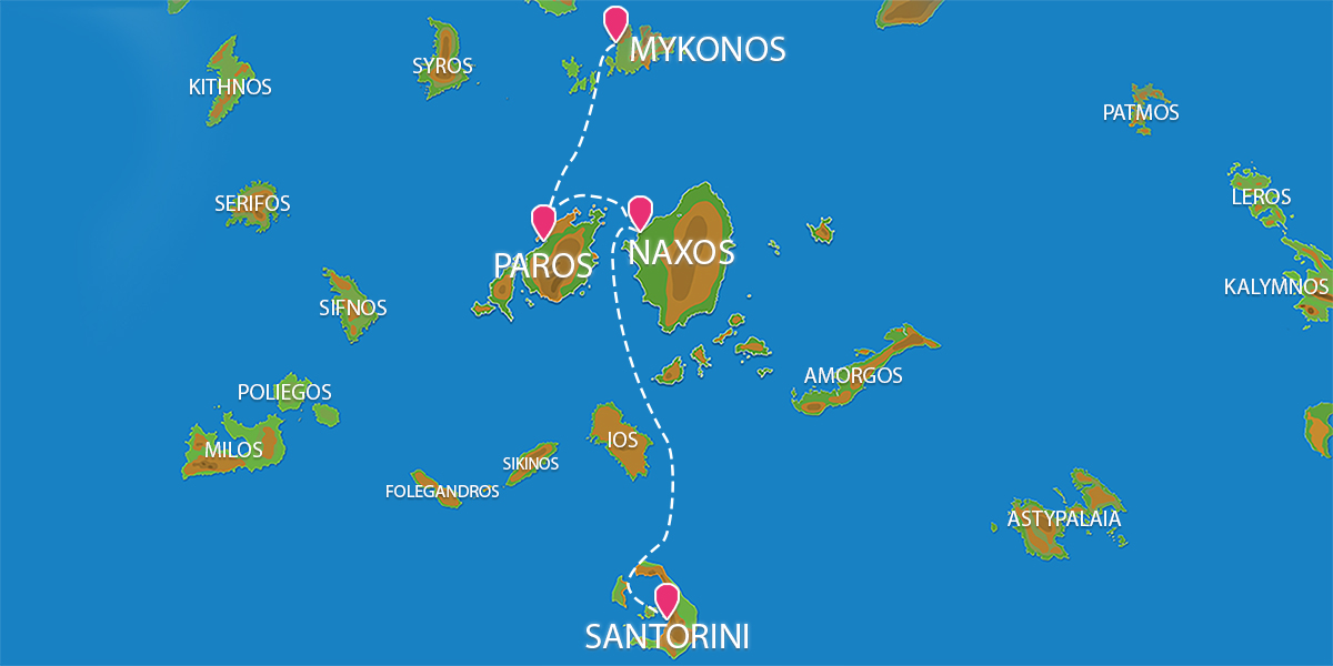 Kaart Eilandhoppen Mykonos Paros Naxos Santorini