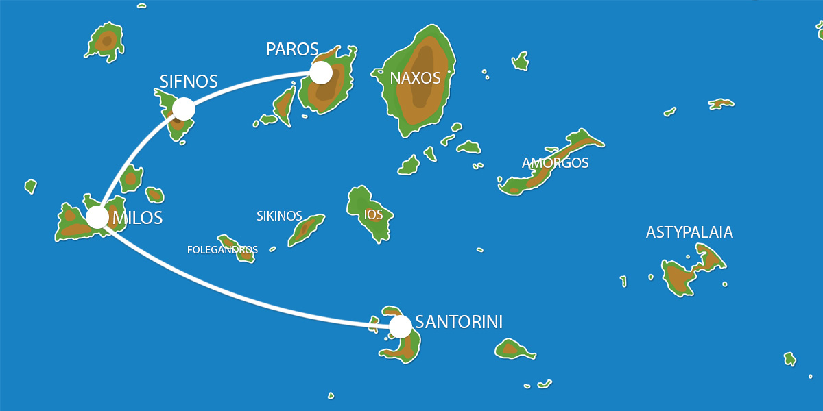 Kaart Eilandhoppen Paros Sifnos Milos Santorini