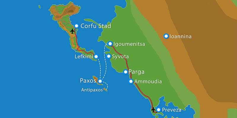 Kaart Eilandhoppen Parga Paxos Corfu 