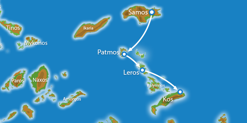 Kaart Eilandhoppen Samos Patmos Leros Kos