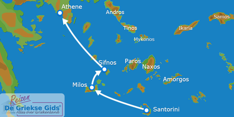 Kaart Eilandhoppen Santorini Milos Sifnos Athene