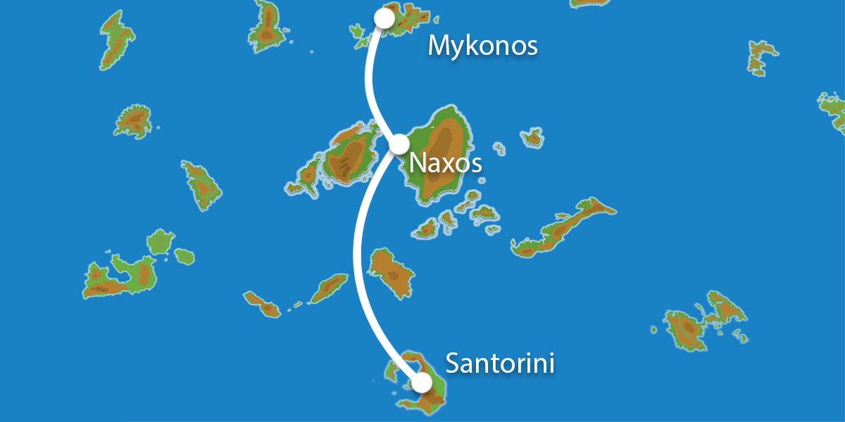Waar ligt Eilandhoppen Mykonos Naxos Santorini?