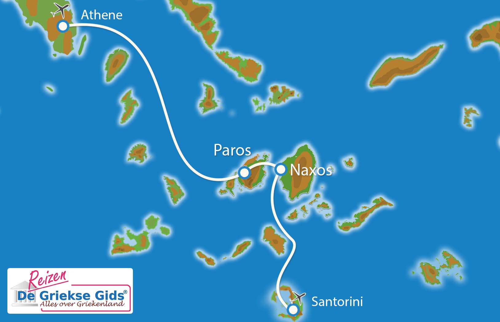Kaart Eilandhoppen Santorini Naxos Paros Athene