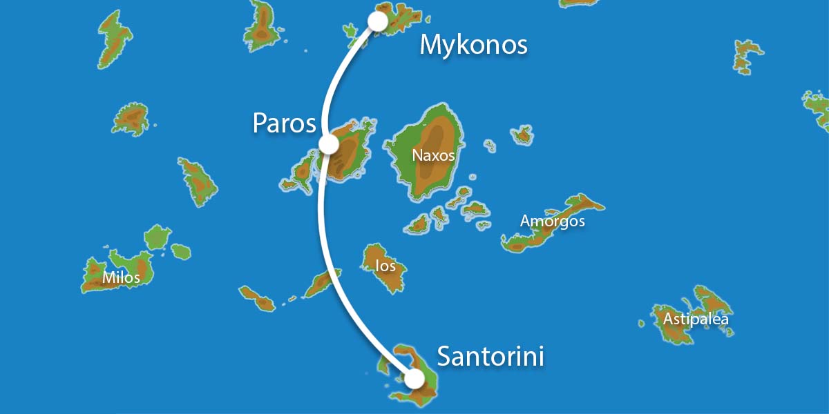 Waar ligt Eilandhoppen Mykonos Paros Santorini?