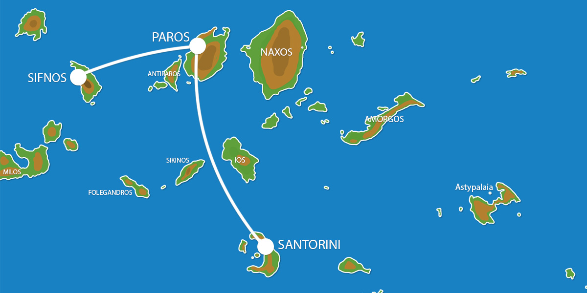 Kaart Eilandhoppen Santorini Paros Sifnos