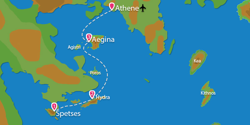 Kaart Eilandhoppen Spetses Hydra Aegina