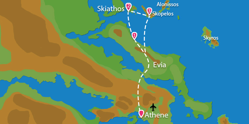 Kaart Fly & Drive Noord Evia - Skiathos - Skopelos