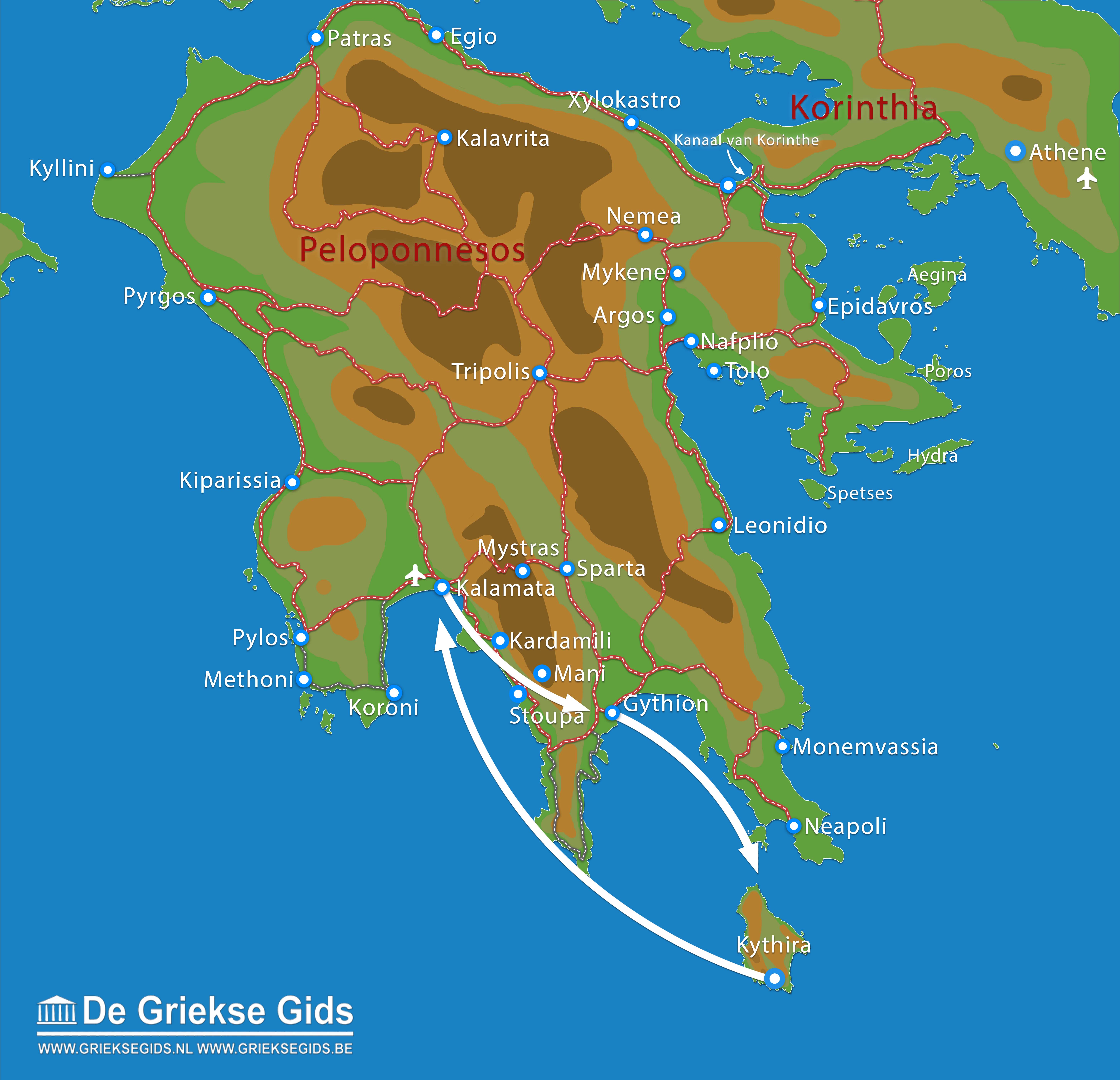 Kaart Fly & Drive Kythira met Mani Peloponnesos 