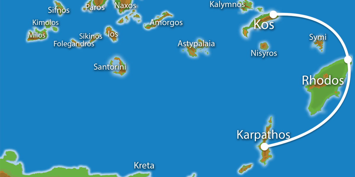 Kaart Eilandhoppen Karpathos, Rhodos, Kos