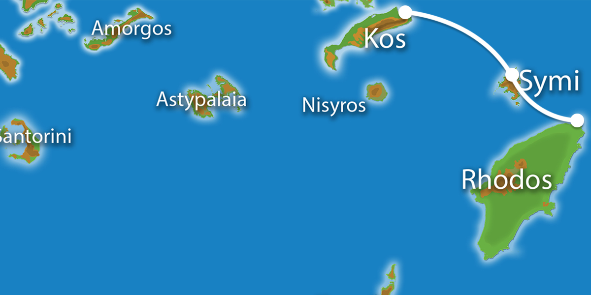 Kaart Eilandhoppen Kos Symi Rhodos