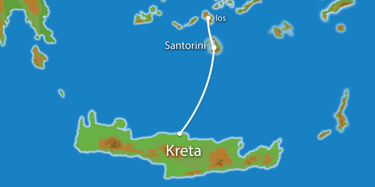 Kaart Eilandhoppen Kreta Ios Santorini