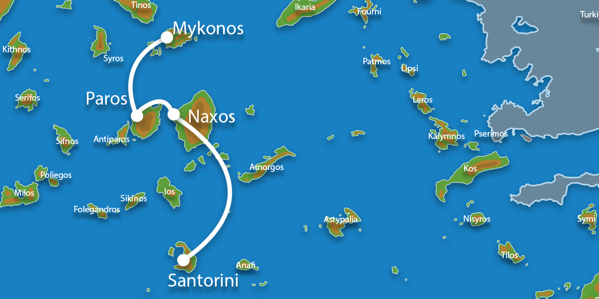 Waar ligt Eilandhoppen Mykonos Paros Naxos Santorini?