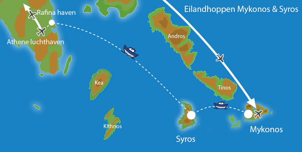 Kaart Eilandhoppen Mykonos Syros