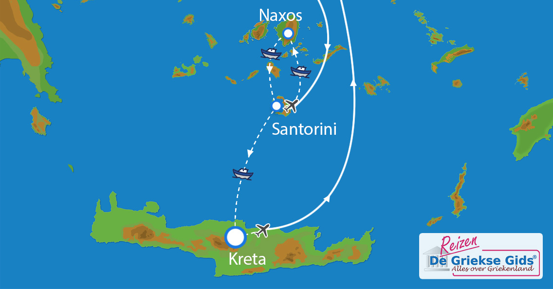 Kaart Eilandhoppen Naxos Santorini Kreta