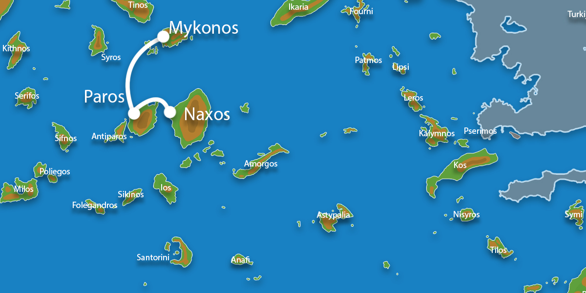 Waar ligt Eilandhoppen Paros Naxos Mykonos?