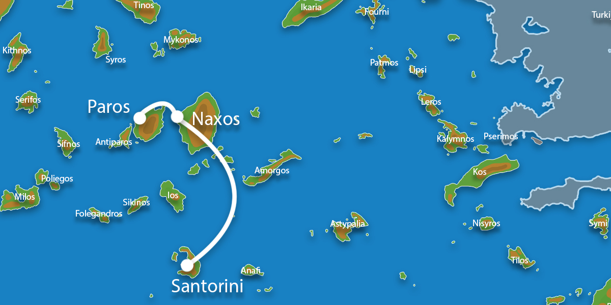 Kaart Eilandhoppen Paros Naxos Santorini