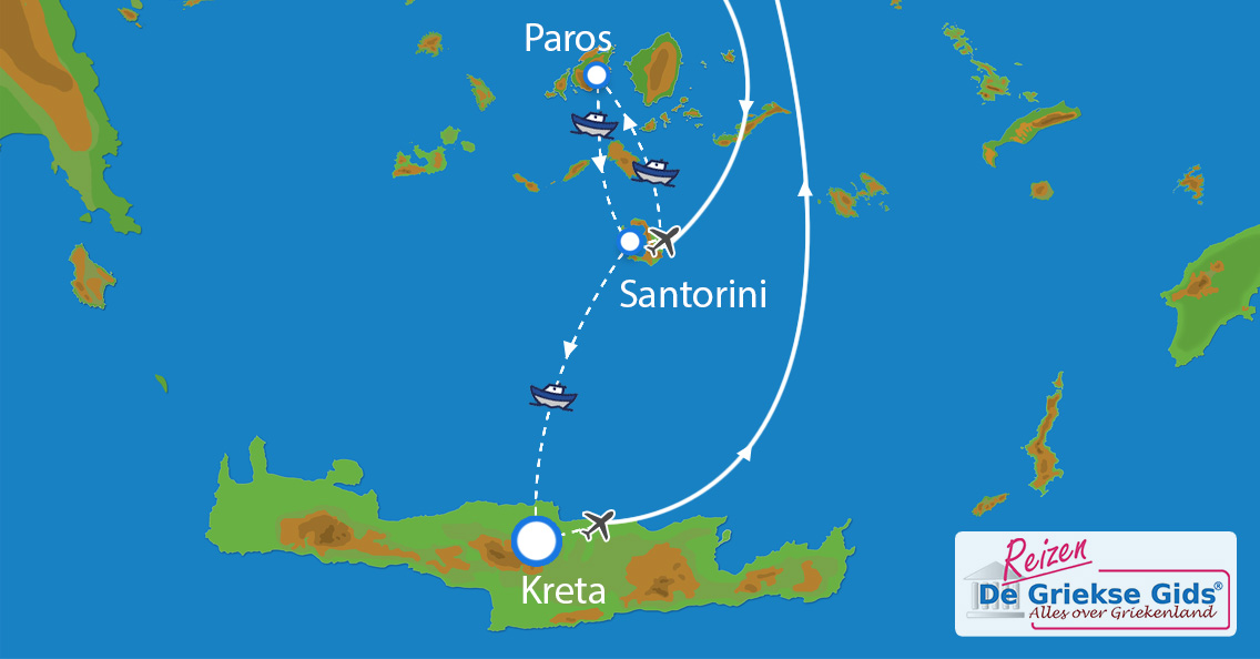 Kaart Eilandhoppen Paros Santorini Kreta