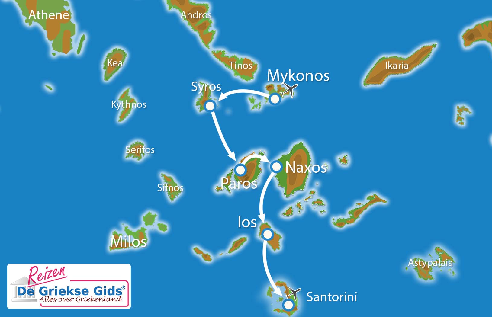 Kaart Eilandhoppen Syros Paros Naxos Ios Santorini (22 dagen)