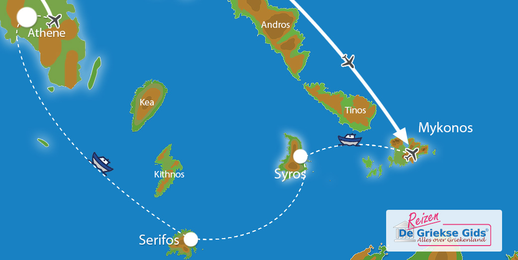 Kaart Eilandhoppen Syros Serifos Athene