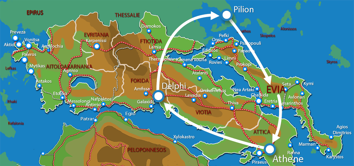Waar ligt Fly & Drive Athene-Delphi-Pilion-Evia?