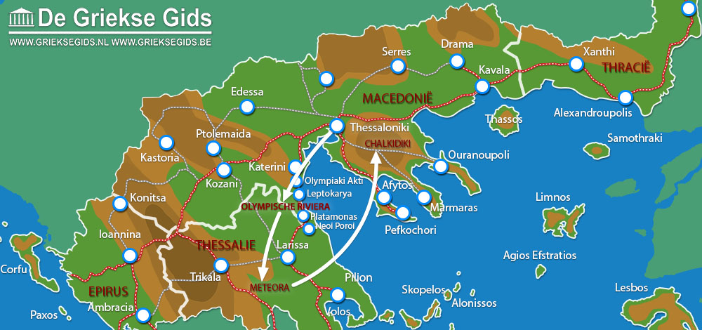 Kaart Fly & Drive Thessaloniki - Olympische Riviera - Meteora - Chalkidiki