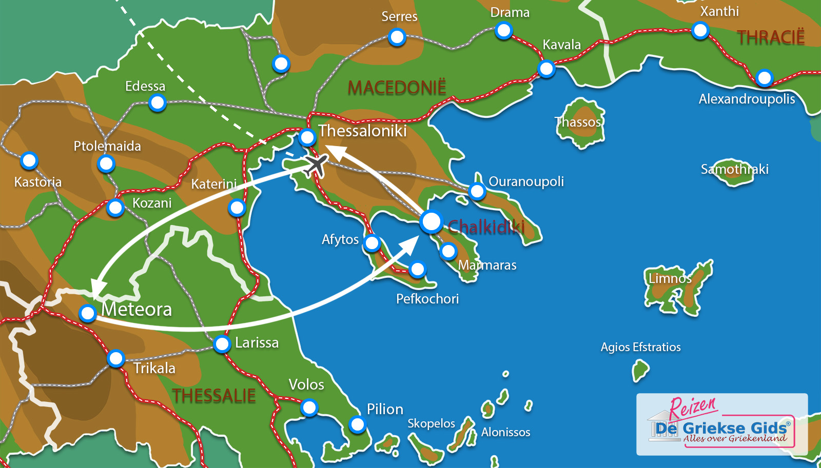 Kaart Fly & Drive Thessaloniki - Meteora - Chalkidiki